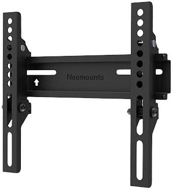 Black TV wall mount 'Neomounts' with adjustable vertical brackets and multiple mounting holes.
