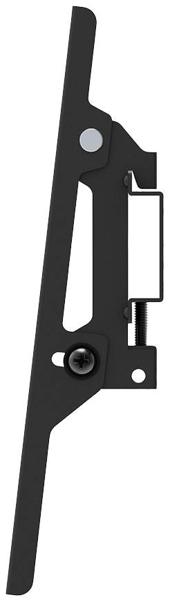 Side view of a black metal bracket with screws and a rectangular mounting mechanism.