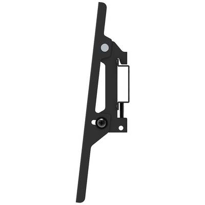 Side view of a black metal bracket with screws and a rectangular mounting mechanism.