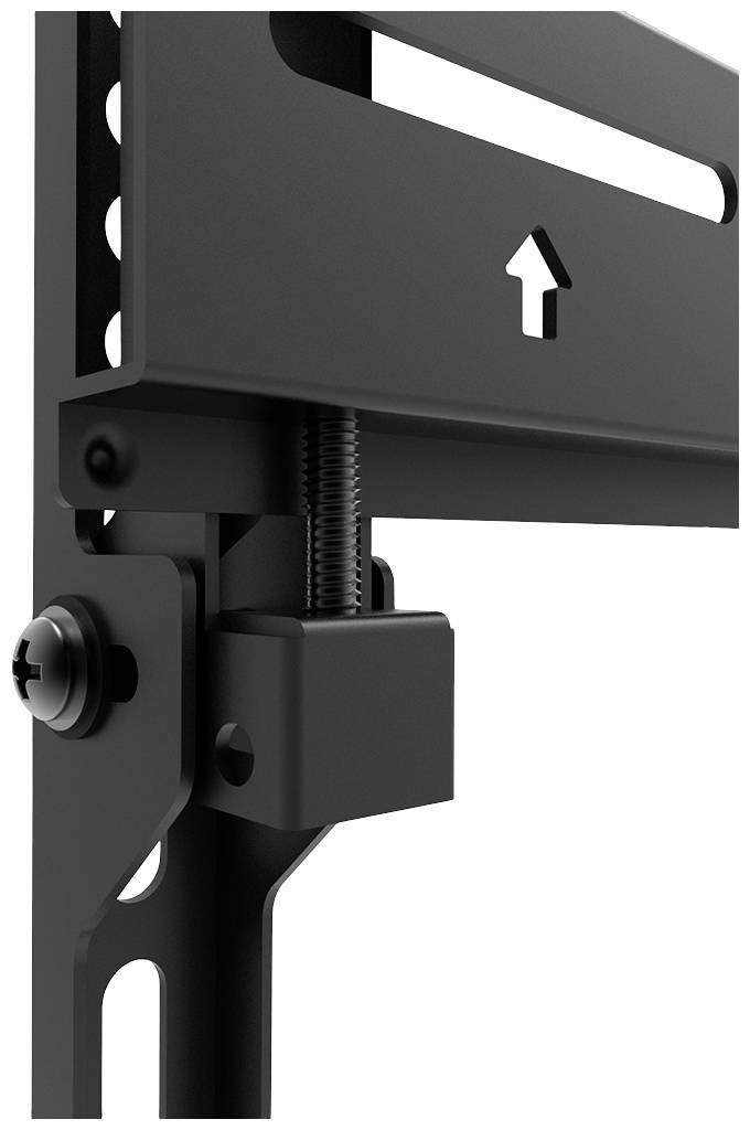 Close-up of a black wall mount with screws and an upward-pointing arrow. Suitable for mounting television sets or monitors.