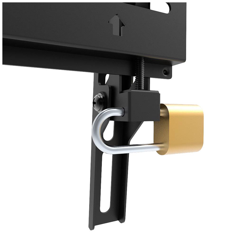 Close-up of a padlock attached to a metal bracket. The lock secures the bracket and prevents it from being opened.
