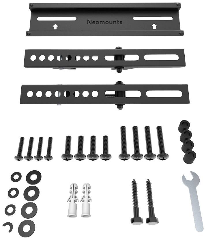Mounting kit for TV wall bracket, comprising metal components such as brackets and screws, along with installation tools.