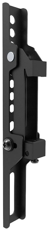 Black, vertical metal mounting bracket with multiple holes and screws, used for fixing or installing technical equipment.