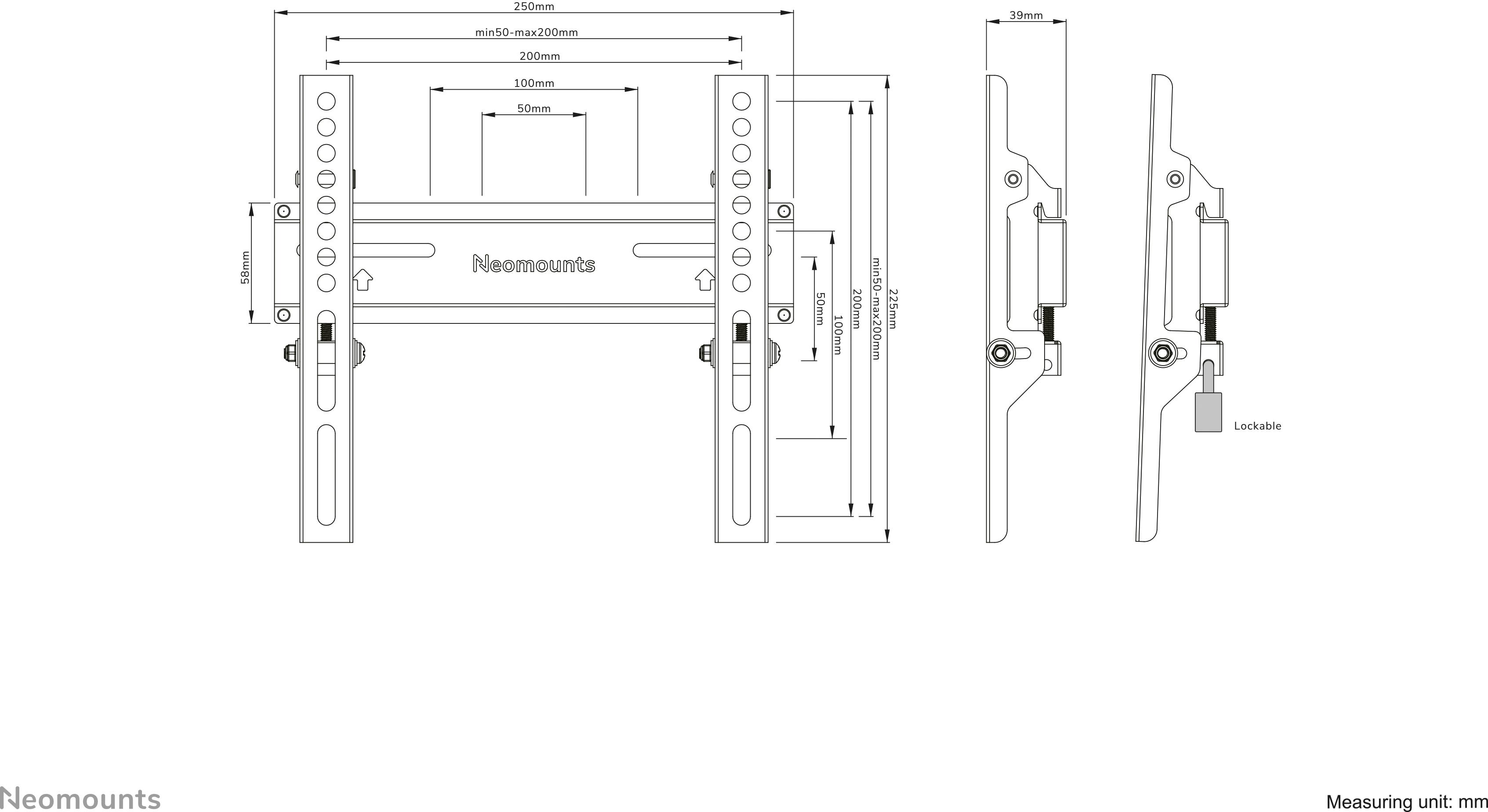 Technical drawing of a wall mount with dimensions for width and height. Side and front views show adjustment options.