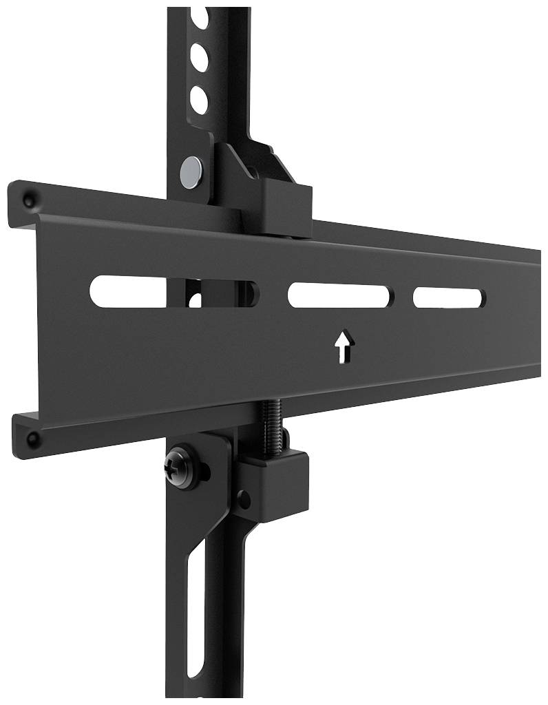 Black metal mounting bracket with vertical rails and mounting elements, arrow pointing upwards. Likely used for wall mounting.
