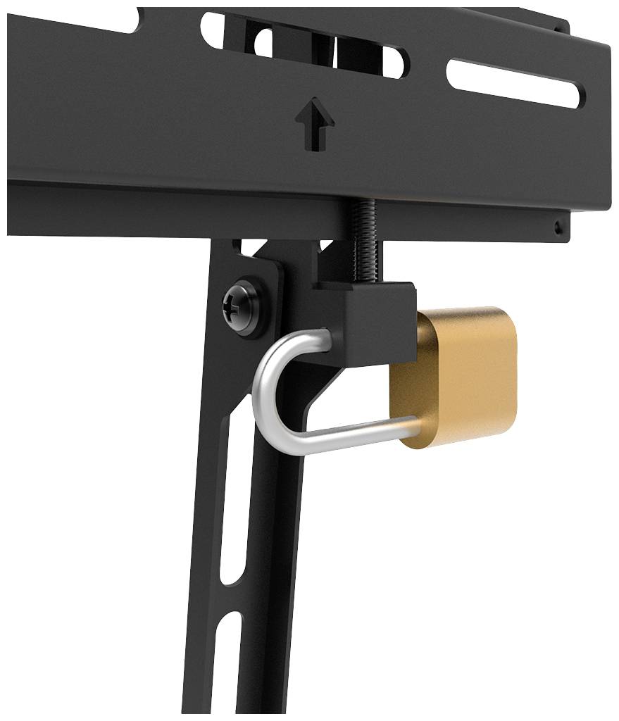 Black metal structure with a padlock. Shows a secured metal bar with slotted holes and an upward-pointing arrow.
