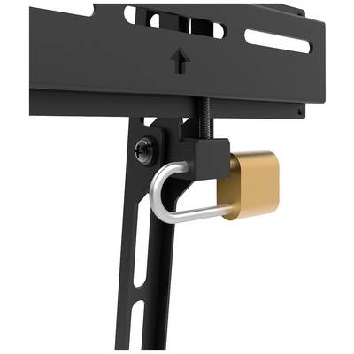 Black metal structure with a padlock. Shows a secured metal bar with slotted holes and an upward-pointing arrow.