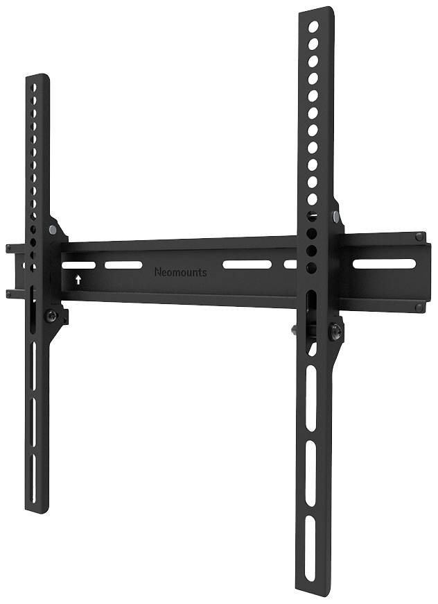 Black TV wall mount, made of metal, with vertical and horizontal rails, suitable for flat screens.