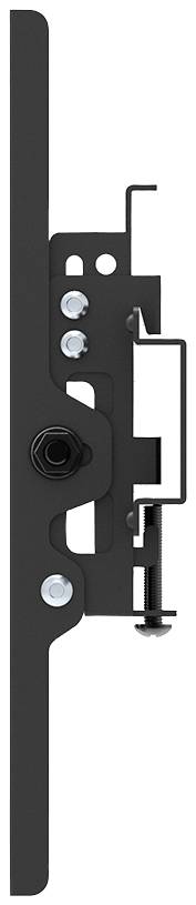 Side view of a black metal hinge mechanism with visible screws and movable parts.