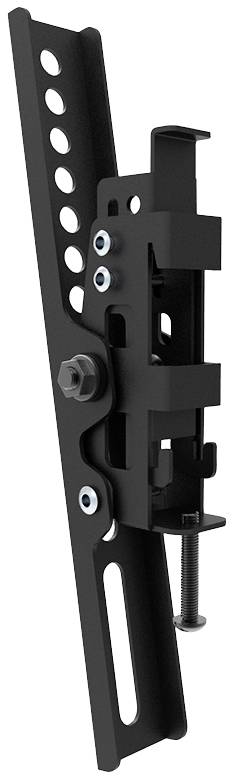 A adjustable black metal bracket with multiple screw holes, potentially for mounting on a wall or device.