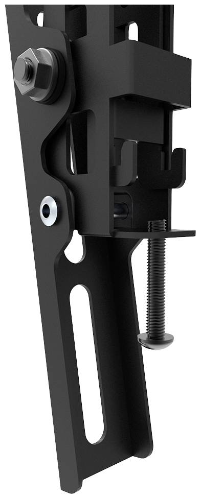 Black metal mounting bracket with screws and bolts, vertical orientation. Suitable for mounting purposes, demonstrates fastening mechanisms.