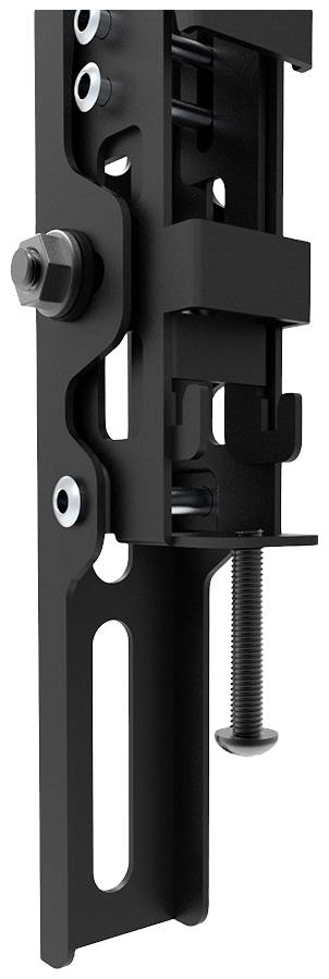 A black metal bracket with screws and bolts for securing components to a wall or other surface.