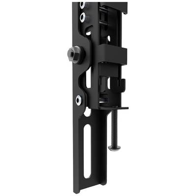 A black metal bracket with screws and bolts for securing components to a wall or other surface.