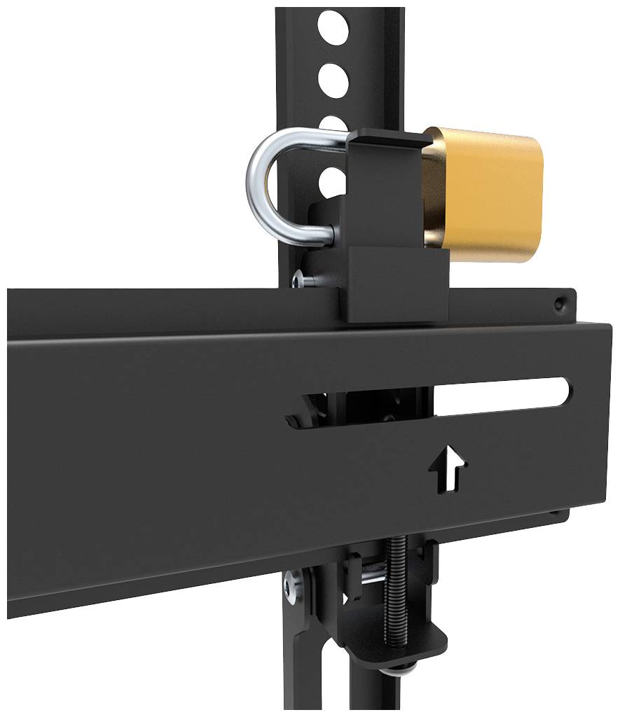 The image shows a black lifting tool with a golden padlock attached to a vertical metal support.