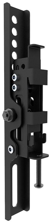Black metal mounting bracket with multiple holes and adjustment screws, designed for surface mounting.
