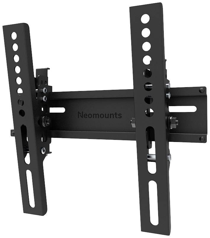 TV wall mount, tilting, black, suitable for various TV sizes, with multiple mounting points for adjustment.