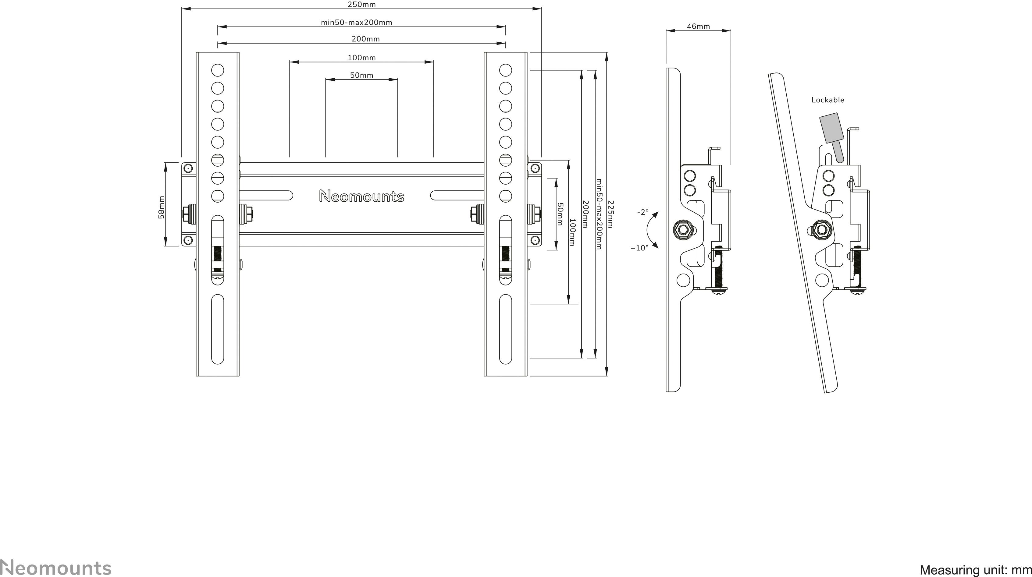 'Drawing of a TV wall mount with dimensions: Width 50-240mm, Height 50-320mm, Tilt up to 30°. Measurement unit: mm. Brand: Neomounts.'