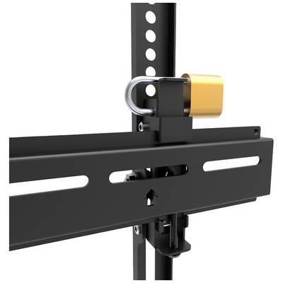 Metal lock secures a black bracket with holes to a vertical frame. Function for stabilisation or securing.