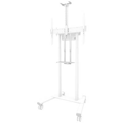 A white, mobile monitor stand with four wheels. It features vertical rails for height adjustment and mounting brackets for a screen.