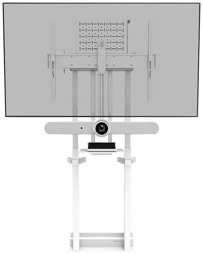 A large screen is mounted at the front of a white frame. Beneath it is a camera and a tray for accessories.