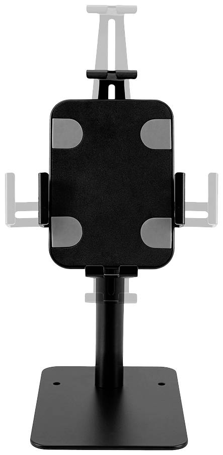 A black metal tablet stand with adjustable holders. Suitable for securely holding a tablet on a desk.