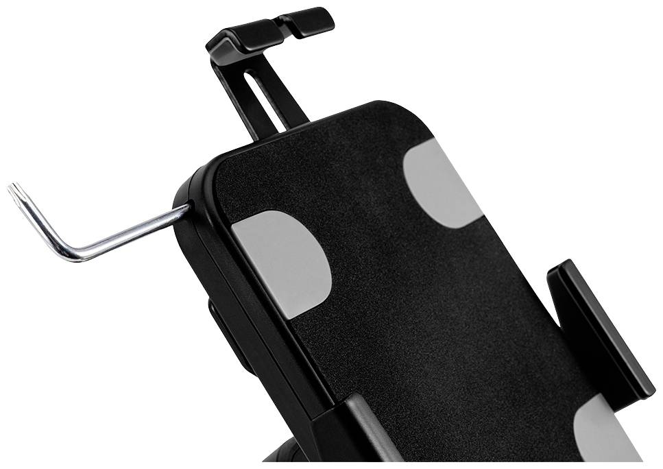 Black mobile phone holder with grey padding, mountable with an Allen key, for securely fastening devices in a vehicle.