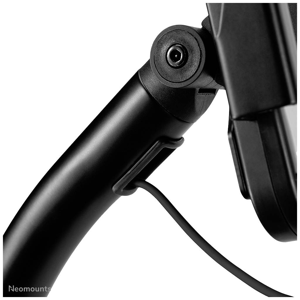 A black metal arm with cable management bracket, likely part of a monitor mount, against a white background.