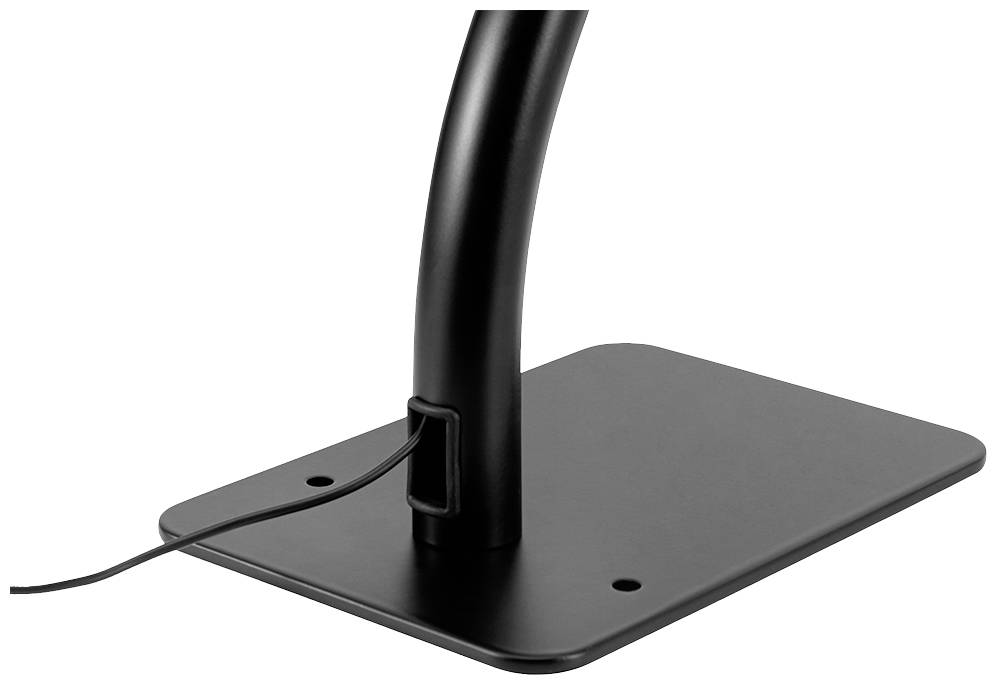 A black microphone stand with a cable routing hole at the base. The cable runs to the left-hand side.