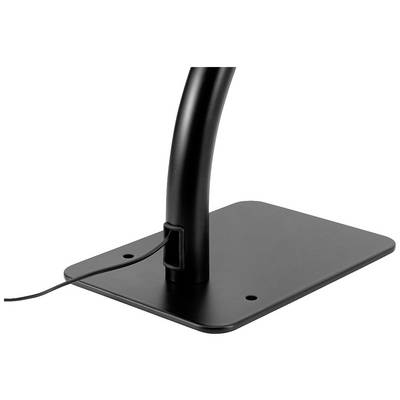A black microphone stand with a cable routing hole at the base. The cable runs to the left-hand side.