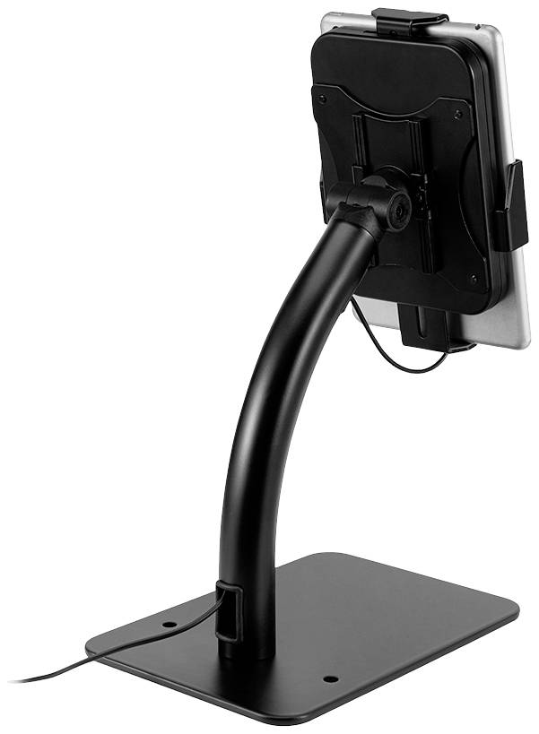 A black desk mount holds a tablet in portrait orientation. The tablet is connected to a cable that runs through the mount.