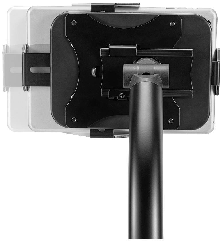 A tablet holder with a sturdy, black arm. Suitable for mounting on work surfaces or electronic devices.