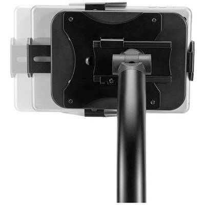 A tablet holder with a sturdy, black arm. Suitable for mounting on work surfaces or electronic devices.