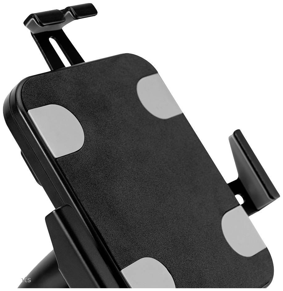 Black mobile phone holder with adjustable side wings and soft padding, suitable for attachment to car dashboards or air vents.