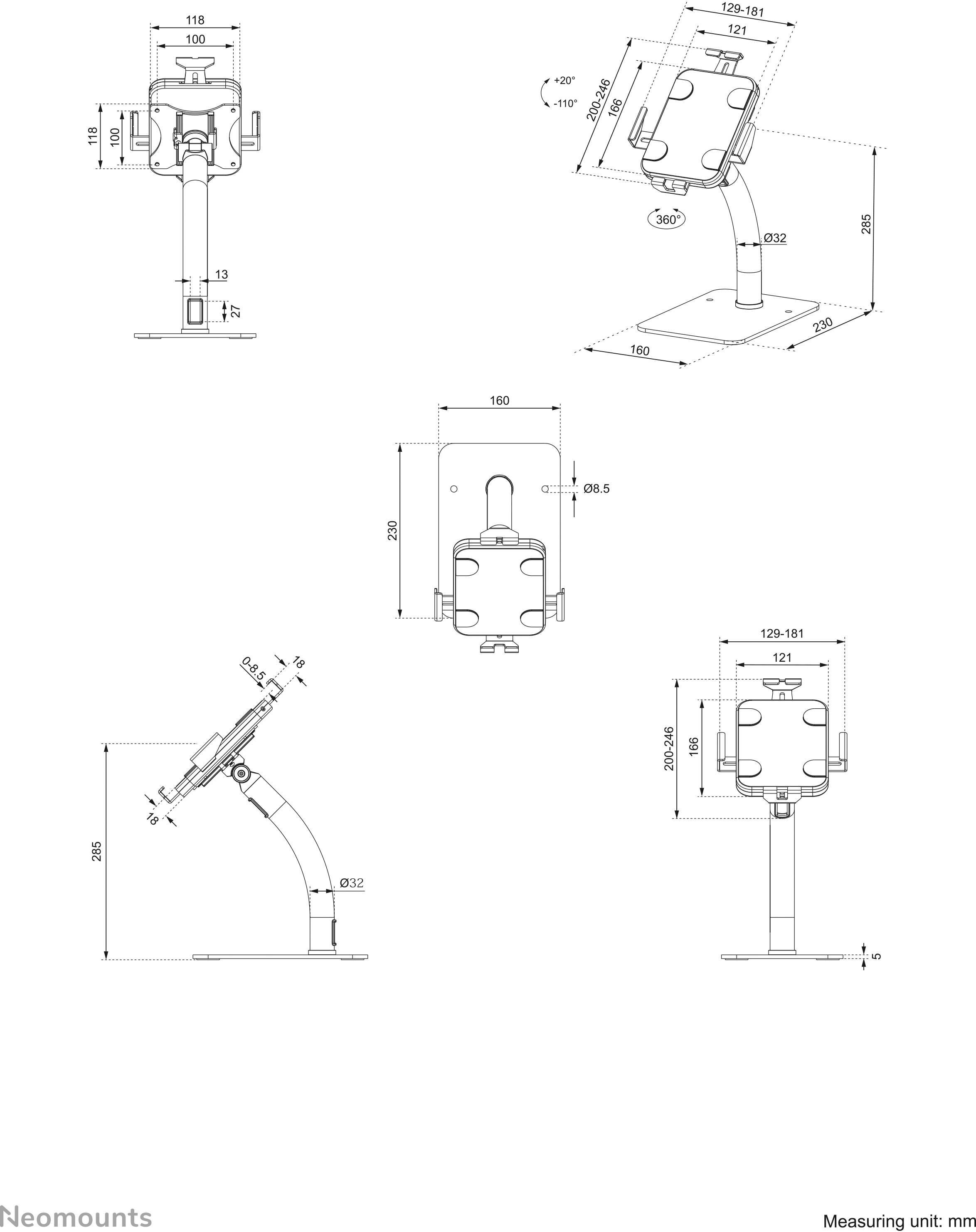 Technical drawing of a monitor mount. Shows dimensions and details from various views, including tilt angle and height. Unit of measurement: millimetres.