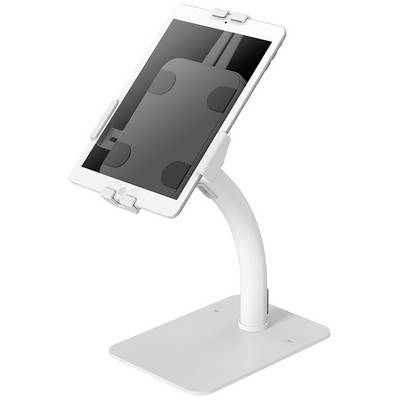 A white tablet stand with a curved arm securely holds a tablet in a vertical position. Ideal for presentations and hands-free use.