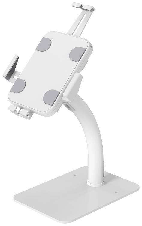 A white, adjustable tablet stand with a sturdy base, suitable for various tablet sizes, shown from a side perspective.