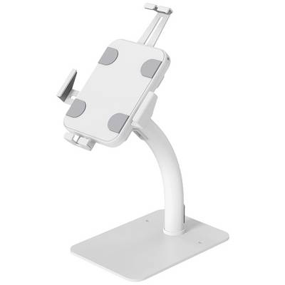 A white, adjustable tablet stand with a sturdy base, suitable for various tablet sizes, shown from a side perspective.