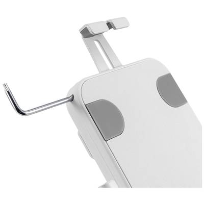 A white holder with grey accents, suitable for tablets or smartphones, adjustable with a metal tool for precise positioning.