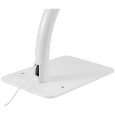 A white, curved desk lamp with a rectangular base. A cable emerges from the base cutout.