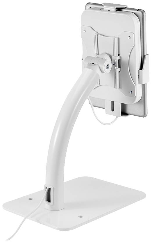 Tablet holder with a flexible arm and stable base, enables easy adjustment and secure grip of the tablet for various positions.