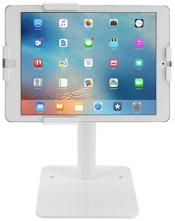 A tablet with apps on the screen is secured in a white holder. The background displays a blue-green pattern.