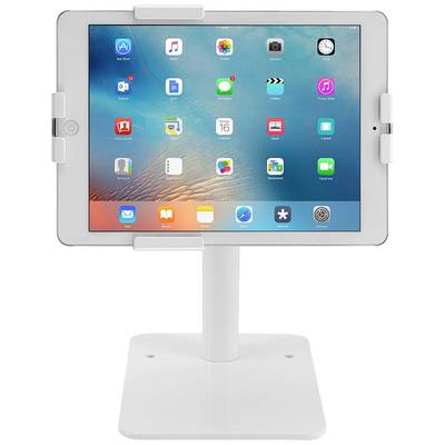 A tablet with apps on the screen is secured in a white holder. The background displays a blue-green pattern.