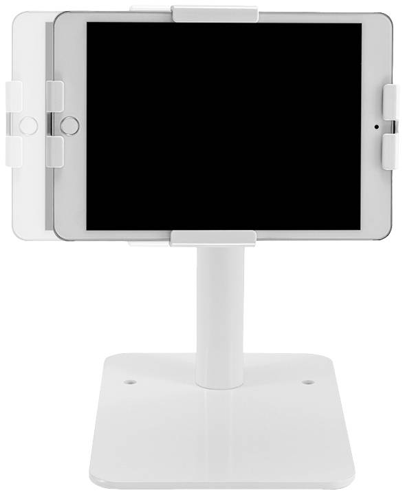 A white tablet stand holds a tablet in portrait orientation, with another tablet mounted in landscape mode beside it.