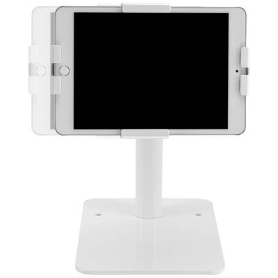 A white tablet stand holds a tablet in portrait orientation, with another tablet mounted in landscape mode beside it.