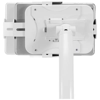 The rear side of a white mounting bracket, affixed to a vertical stand. The bracket is intended for mounting a device.