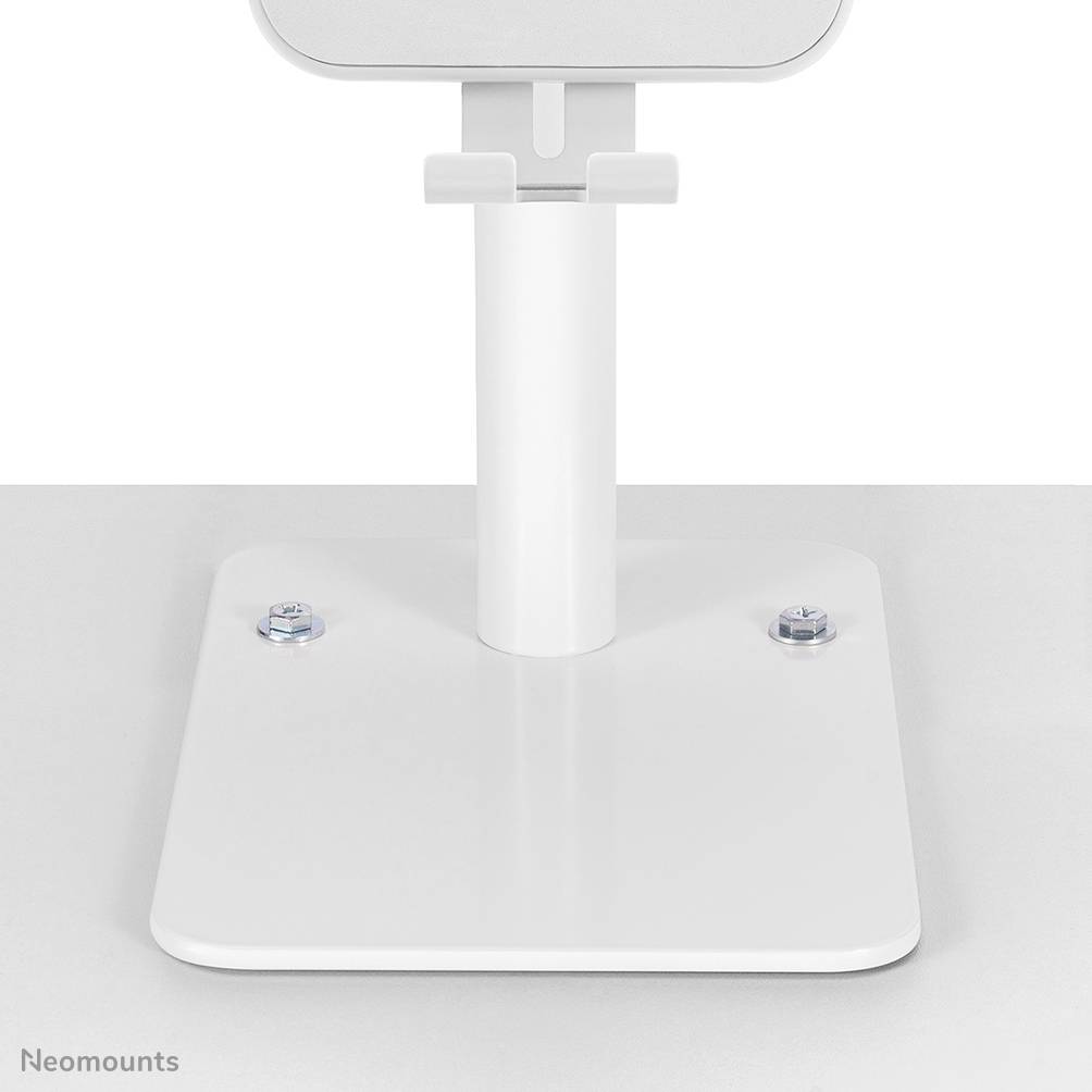 White metal desk mount with a rectangular base and upright vertical rod, suitable for attaching monitors or screens.