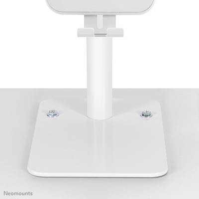 White metal desk mount with a rectangular base and upright vertical rod, suitable for attaching monitors or screens.