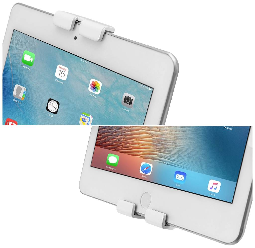A white tablet with two different screens is held by a white stand. Apps and the time are visible on the screen.