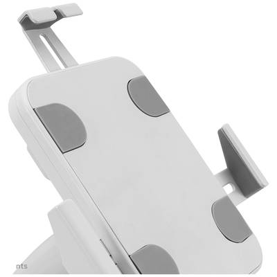 A white-grey stand with adjustable mount, suitable for holding a tablet or smartphone.