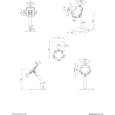 Technical drawing of a monitor stand in multiple views with dimensions in millimetres.